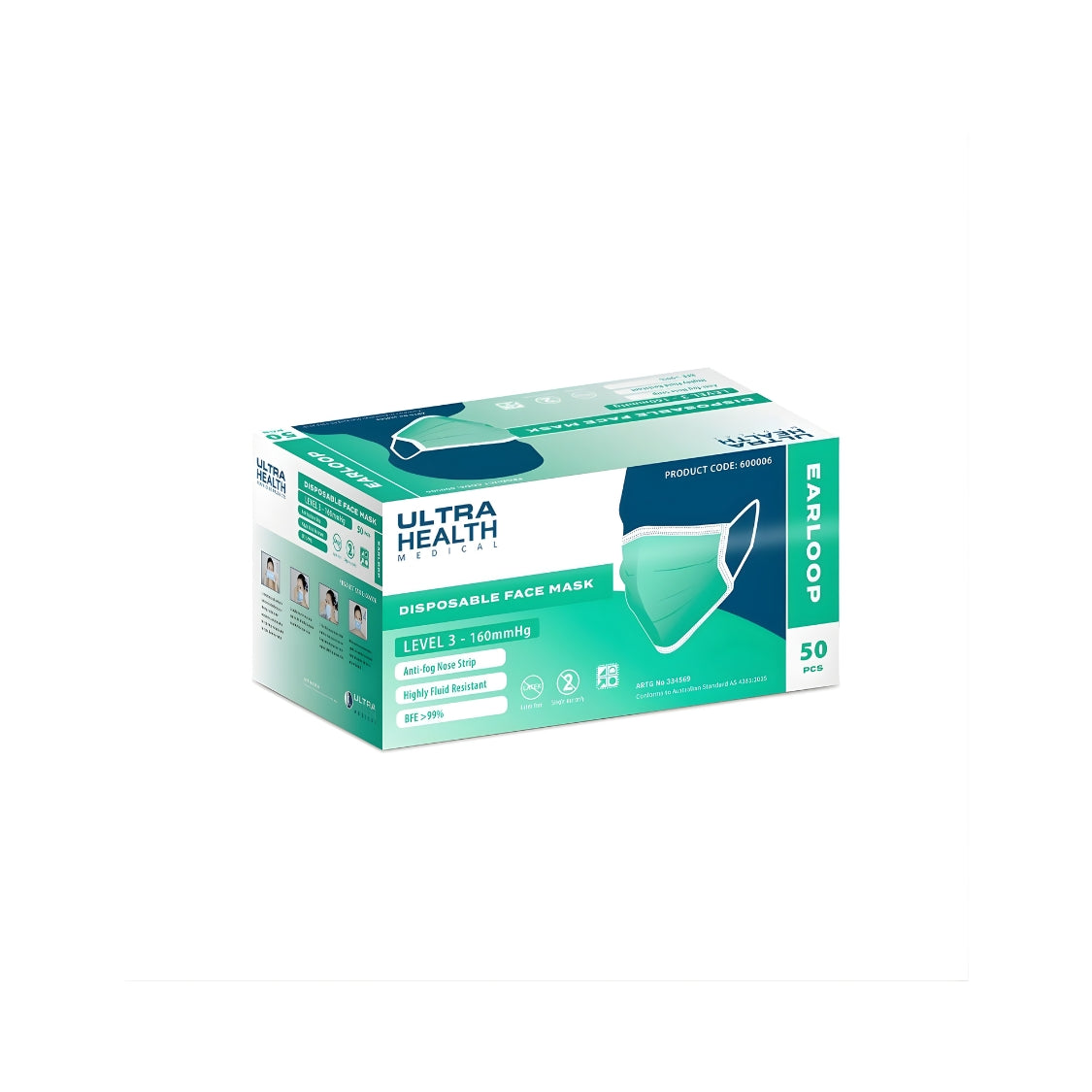 Ultra Health Surgical Mask - Level 3 fluid resistant green with ear loop