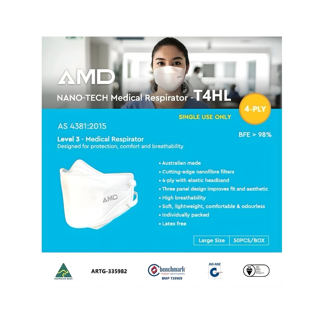 AMD P2 Nano-Tech Medical Respirator 50pcs - Headloop