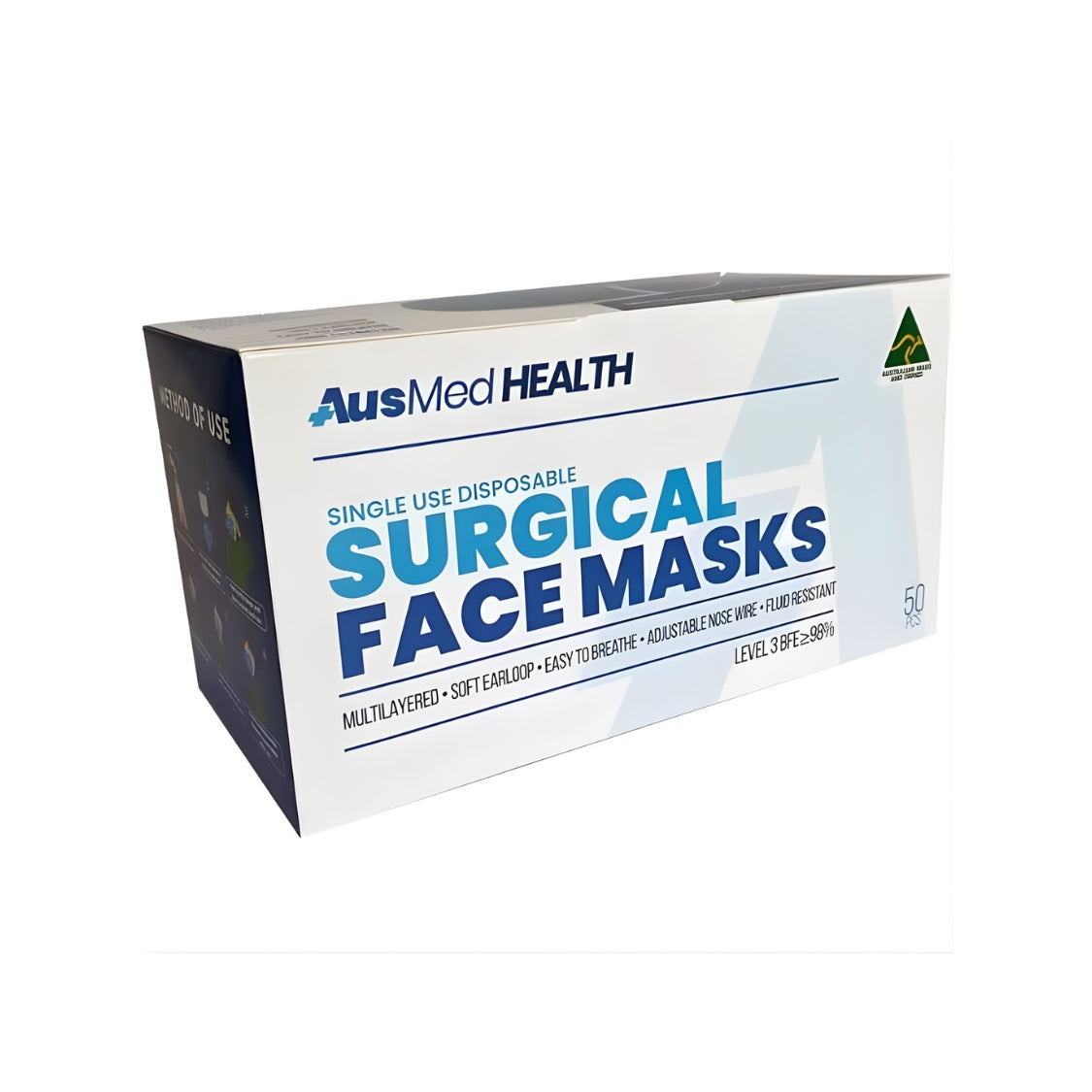 AusMed Surgical Face Masks Australian Made Premium 4x Ply Level 3 (1 Box/50 Masks)